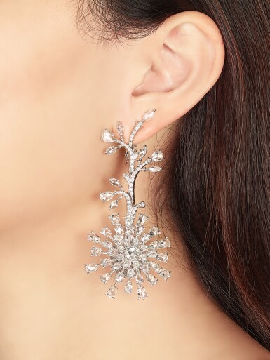 View full screen - View 1 of Lot 1416. VAK | 'CHRYSANTHEMUMS IN SUMMER' PAIR OF DIAMOND PENDENT EARRINGS | VAK | 'Chrysanthemums in Summer' 鑽石吊耳環一對.