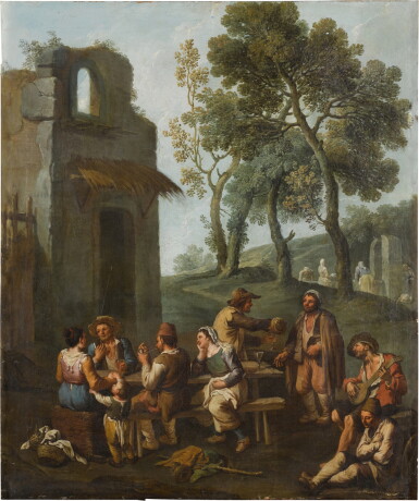 View full screen - View 1 of Lot 64. A landscape with peasants sitting and drinking by a ruined house.