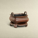 A small bronze rectangular incense burner with stand, Mark and period of Kangxi | 清康熙 銅帶座方形琴爐 《康熙年製》款