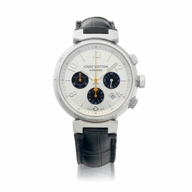 View full screen - View 1 of Lot 8221. Tambour chronograph, Reference Q112E | A stainless steel chronograph wristwatch with date, Circa 2008 | 路易威登 | Tambour Chronograph 型號Q112E | 精鋼計時腕錶,備日期顯示,約2008年製.