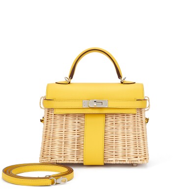 View full screen - View 1 of Lot 86. Limited Edition Jaune de Naples Swift and Osier Wicker Picnic Mini Kelly II 20 Palladium Hardware, 2023.