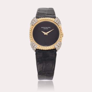 View full screen - View 1 of Lot 381. Reference 4303 | A yellow and white gold diamond-set wristwatch with onyx dial, Circa 1977.