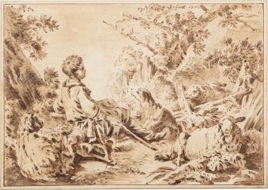 View full screen - View 1 of Lot 197. Young shepherd with his sheep and dog; Young shepherdess with her sheep | Berger avec ses chiens et ses moutons ; Bergère avec ses chiens et ses moutons.