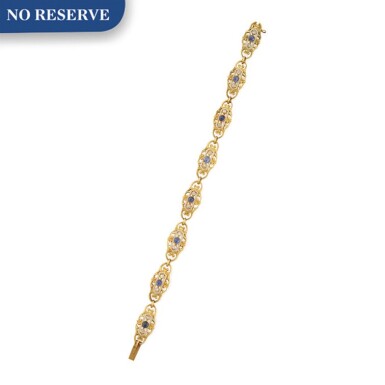 View full screen - View 1 of Lot 49. GOLD, SAPPHIRE, ENAMEL AND DIAMOND BRACELET.