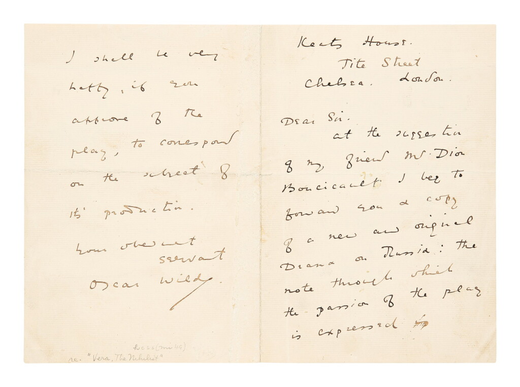 View full screen - View 1 of Lot 177. Wilde, Oscar | A previously unlocated letter showing Wilde's earliest efforts to have his plays staged.