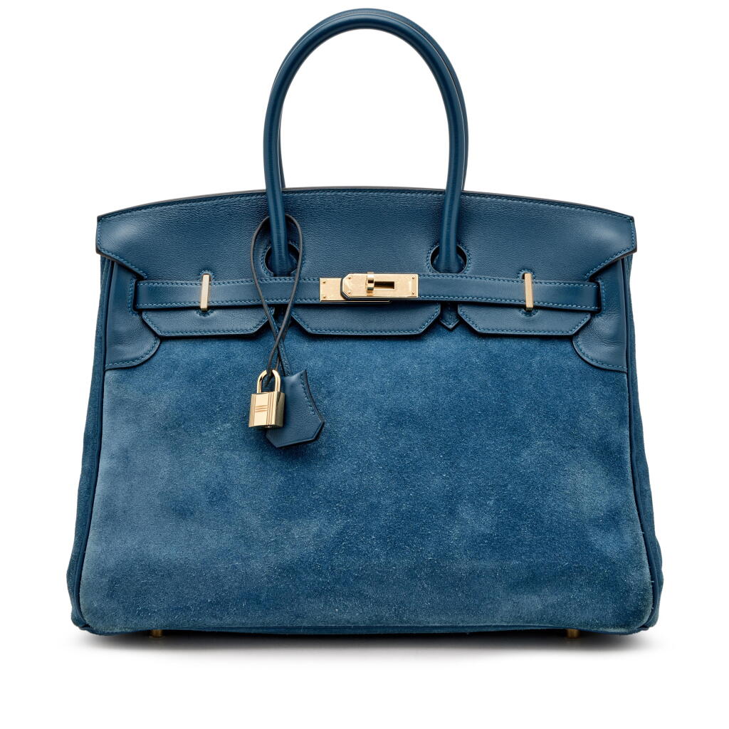 View full screen - View 1 of Lot 128. Bleu Thalassa Grizzly Suede and Swift Birkin 35 Permabrass Hardware, 2012.