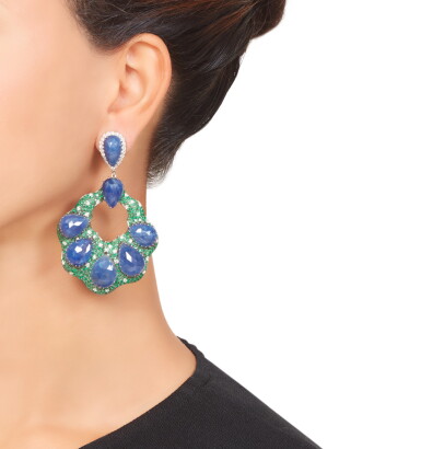 View full screen - View 1 of Lot 475. Lorraine Schwartz | Pair of Sapphire, Emerald and Diamond Pendant-Earrings.