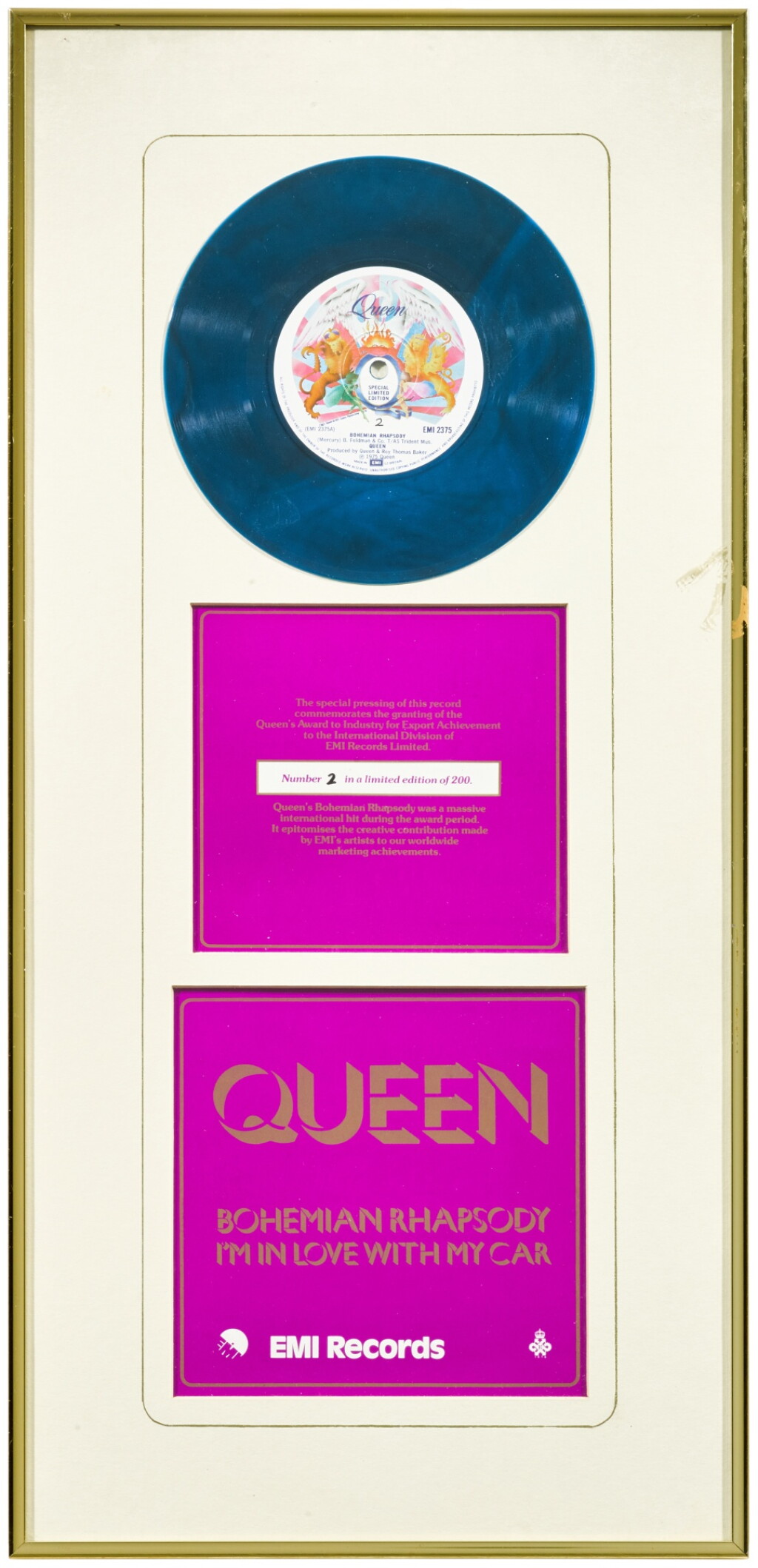 View full screen - View 1 of Lot 156. 'Bohemian Rhapsody' – a rare, limited edition blue vinyl single, July 1978, this number 2 from an edition of 200.