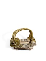 A rectangular stoneware dish with bridge handle and stepped rim (tebachi), Mino ware, Oribe type, Momoyama period, circa 1610s | 織部切落四方手鉢 桃山時代