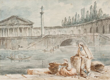 View full screen - View 1 of Lot 238. A man smoking a pipe and a woman with baskets looking out at rowing boats.