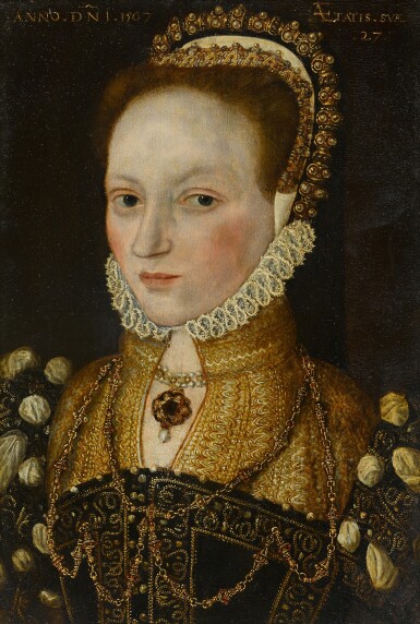 View full screen - View 1 of Lot 120. Portrait of a lady, bust-length, wearing an elaborate jewelled headpiece, and embroidered dress and chemise.