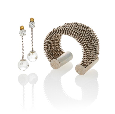 View full screen - View 1 of Lot 1077. Rhinestone Embelished Cuff and Pair of Earchips, 1998.