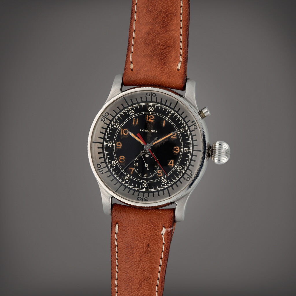 View full screen - View 1 of Lot 2. Reference 5824 | A stainless steel single-pusher flyback aviation chronograph wristwatch | Circa 1949 | 浪琴 | 型號5824 | 精鋼單按鈕飛返航空計時腕錶,製作年份約1949.