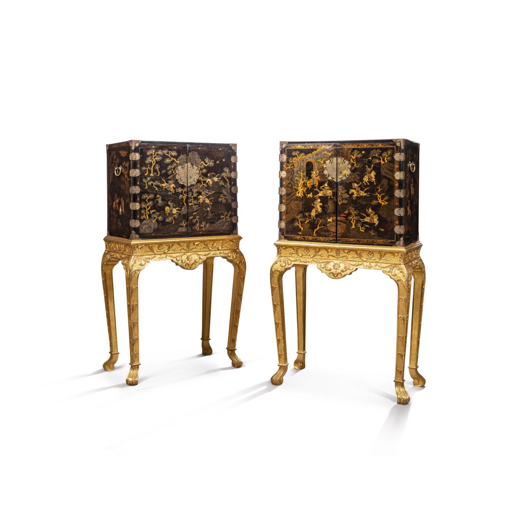 View full screen - View 1 of Lot 153. A pair of Chinese gilt-copper mounted lacquered and mother of pearl cabinets, Qing dynasty, Kangxi period (1661-1722).