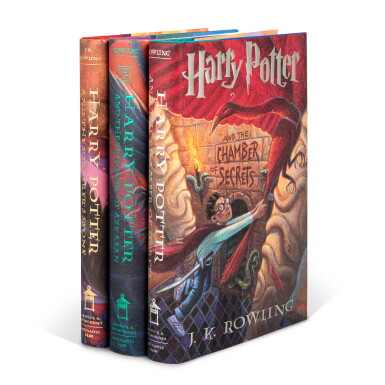 View full screen - View 1 of Lot 1093. Rowling, J.K. | First American editions of the first three books in the Harry Potter series, signed.