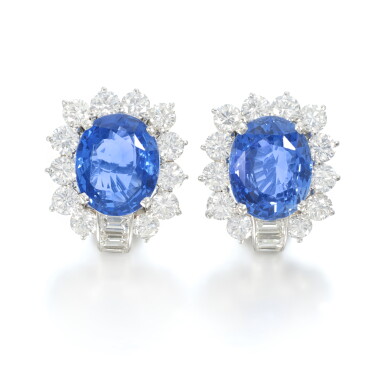 View full screen - View 1 of Lot 885. Pair of sapphire and diamond ear clips.