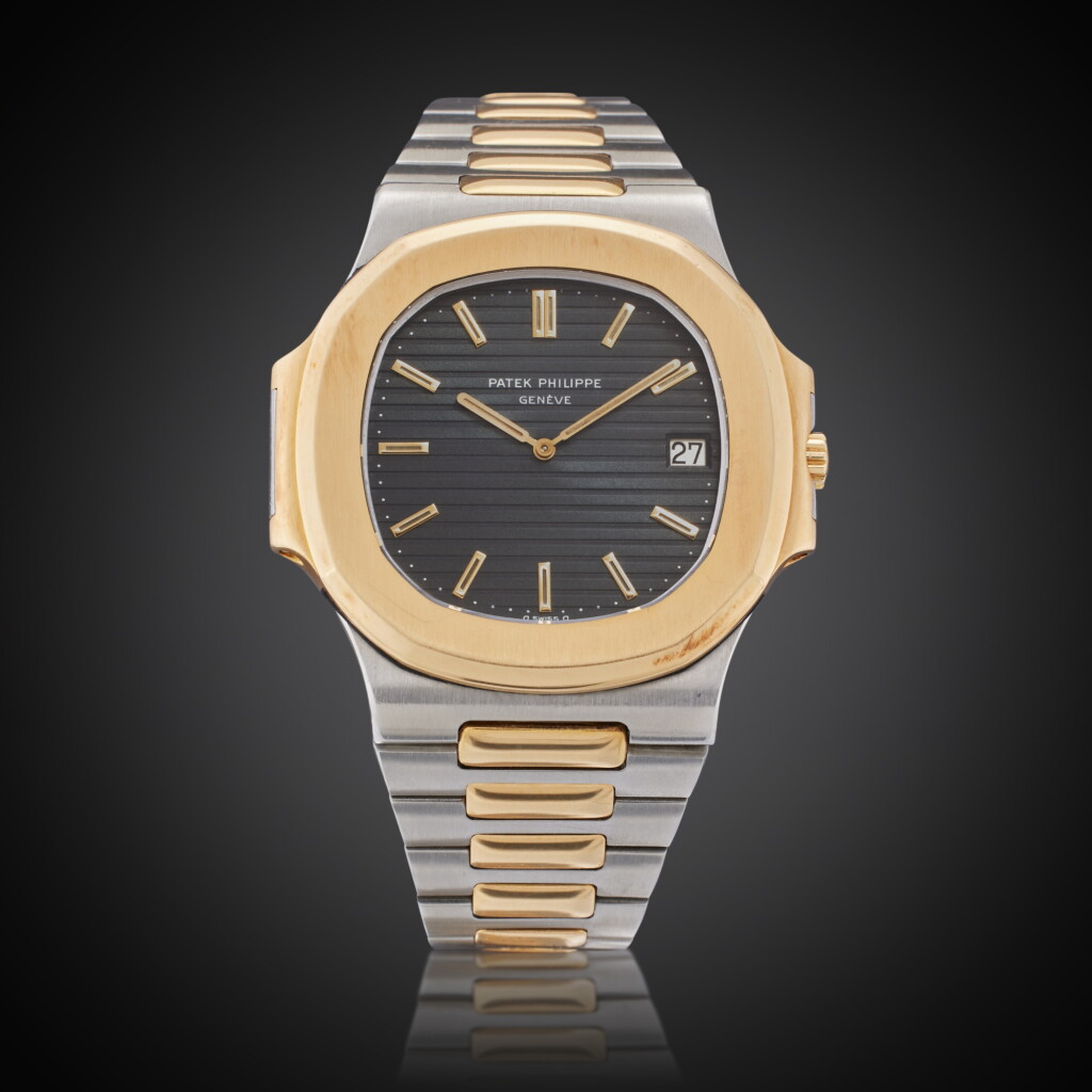 View full screen - View 1 of Lot 40. Reference 3700/11 ‘Jumbo’ Nautilus | A stainless steel and yellow gold automatic wristwatch with date, bracelet and original cork presentation box, Owned and Worn by Tom Brady, Made in 1982.