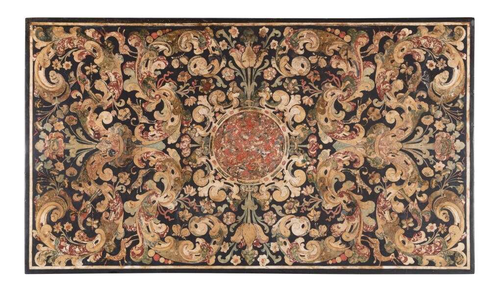 View full screen - View 1 of Lot 2. A scagliola top, early 18th century, and a stained walnut base, late 17th century style | Plateau en scagliole du début du XVIIIe siècle et piètement en noyer teinté de style fin XVIIeme siècle.