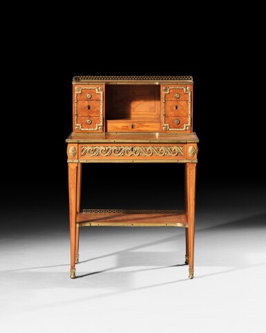 View full screen - View 1 of Lot 95. A gilt-bronze mounted marquetry bonheur du jour, Louis XVI, stamped G. CRAMER | Bonheur du jour en marqueterie et bronze doré d’époque Louis XVI, estampillé G. CRAMER.