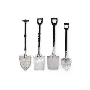 View full screen - View 1 of Lot 1020. Four Silver and Carved Ebony Presentation Spades, Circa 1900.