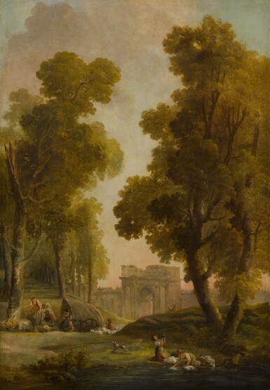 View full screen - View 1 of Lot 71. Washerwomen in a landscape, with a group of shepherds before an allée of trees.
