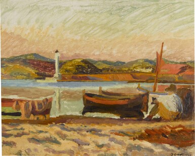 View full screen - View 1 of Lot 56. Coastal Landscape with Figure and Boat.