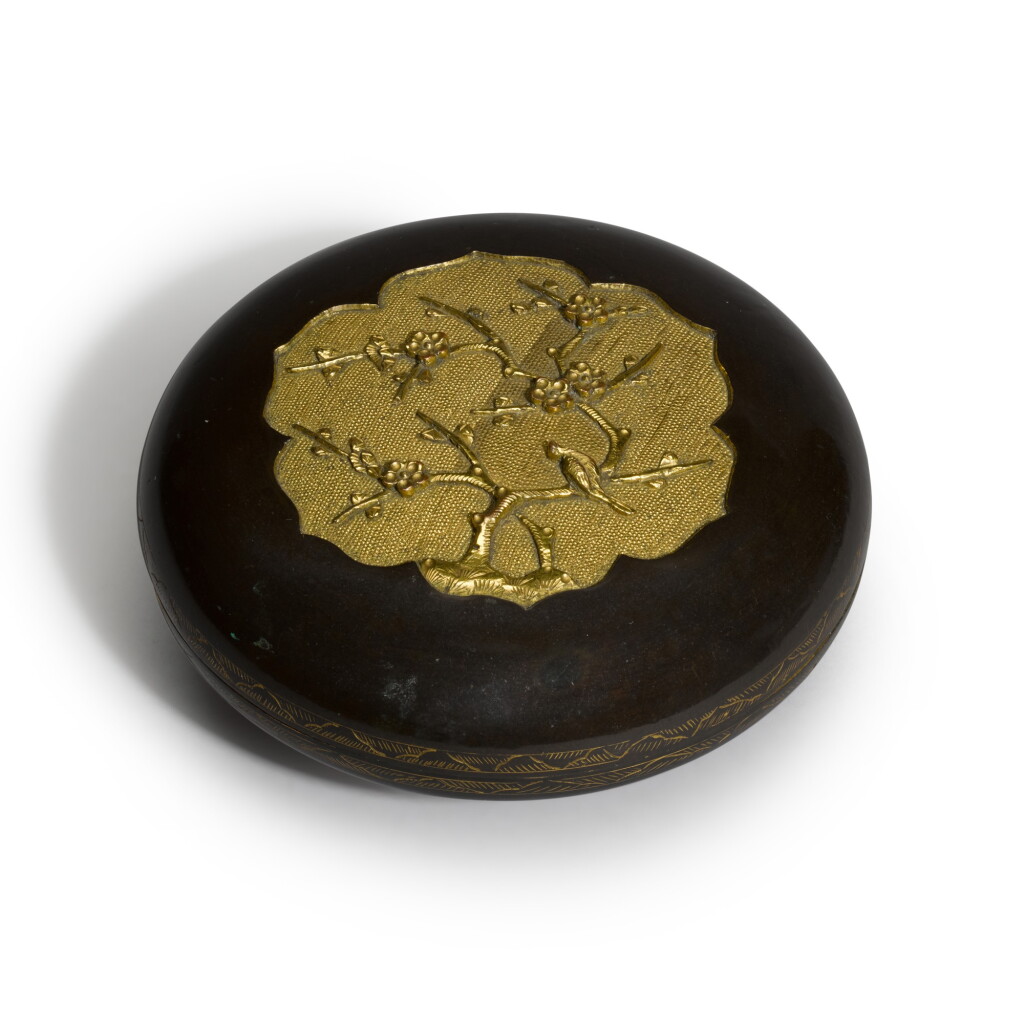 View full screen - View 1 of Lot 56. A Japanese export Sawasa Ware seal-paste lidded patinated gilt-copper box, Edo Period, early 18th century.