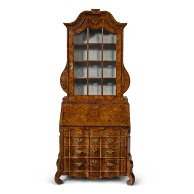 View full screen - View 1 of Lot 242. A Dutch Rococo Figured Walnut and Ash Inlaid Bureau Cabinet, Circa 1740.