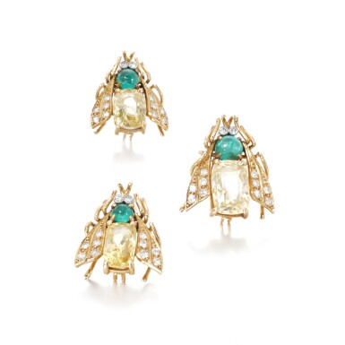 View full screen - View 1 of Lot 39. Three yellow sapphire, emerald and diamond brooches.