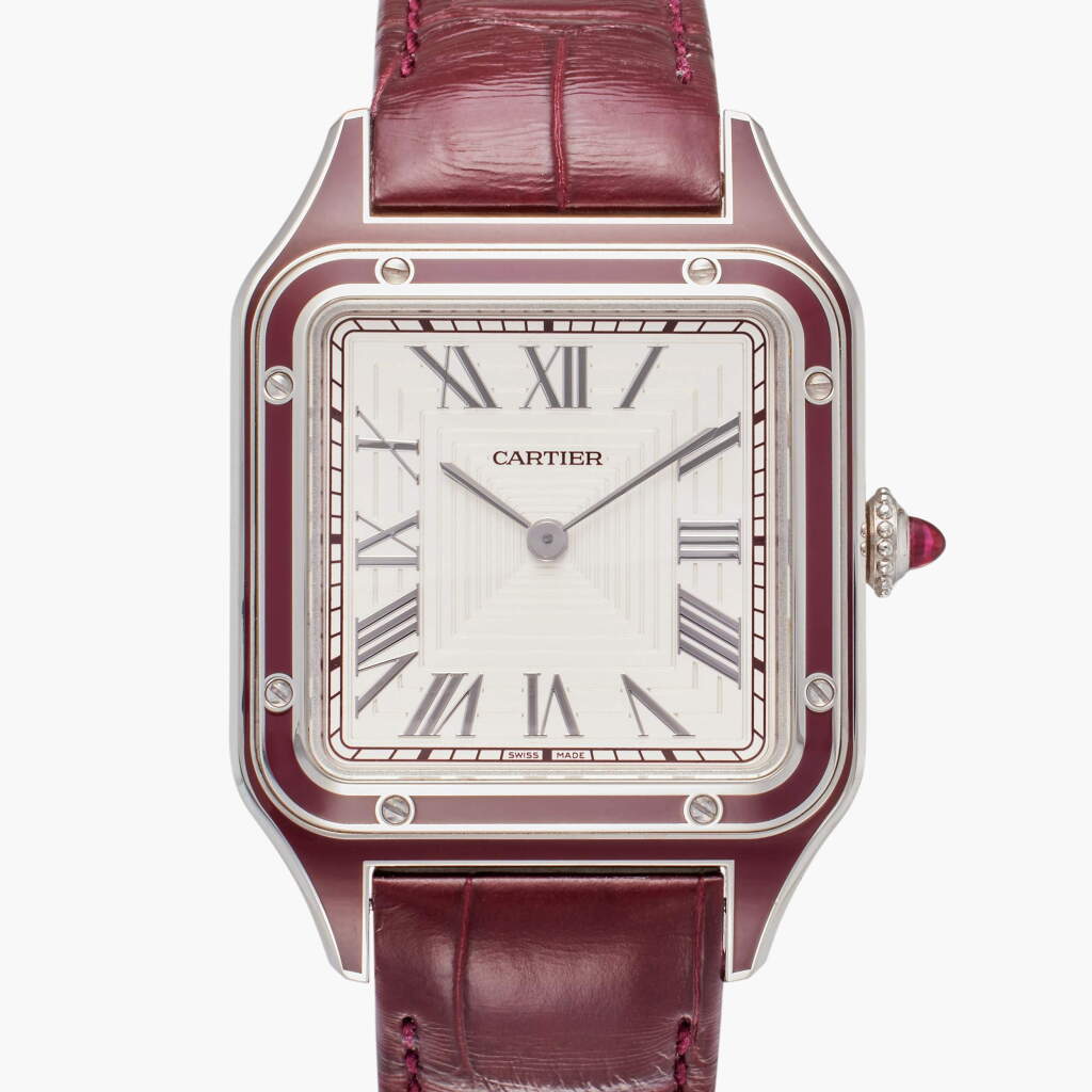 View full screen - View 1 of Lot 46. Reference WGSA0053 Santos-Dumont | A limited edition platinum wristwatch with burgundy lacquer inlays, Circa 2022.