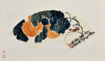 Attributed to Qi Baishi, Grass hopper and peach, Ink and color on paper, fan leaf