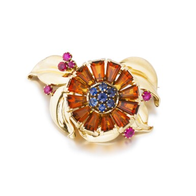 View full screen - View 1 of Lot 142. Broche citrines, rubis et saphirs | Citrine, ruby and sapphire brooch.