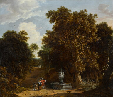 View full screen - View 1 of Lot 348. Elegant figures walking by a fountain in a woodland park.