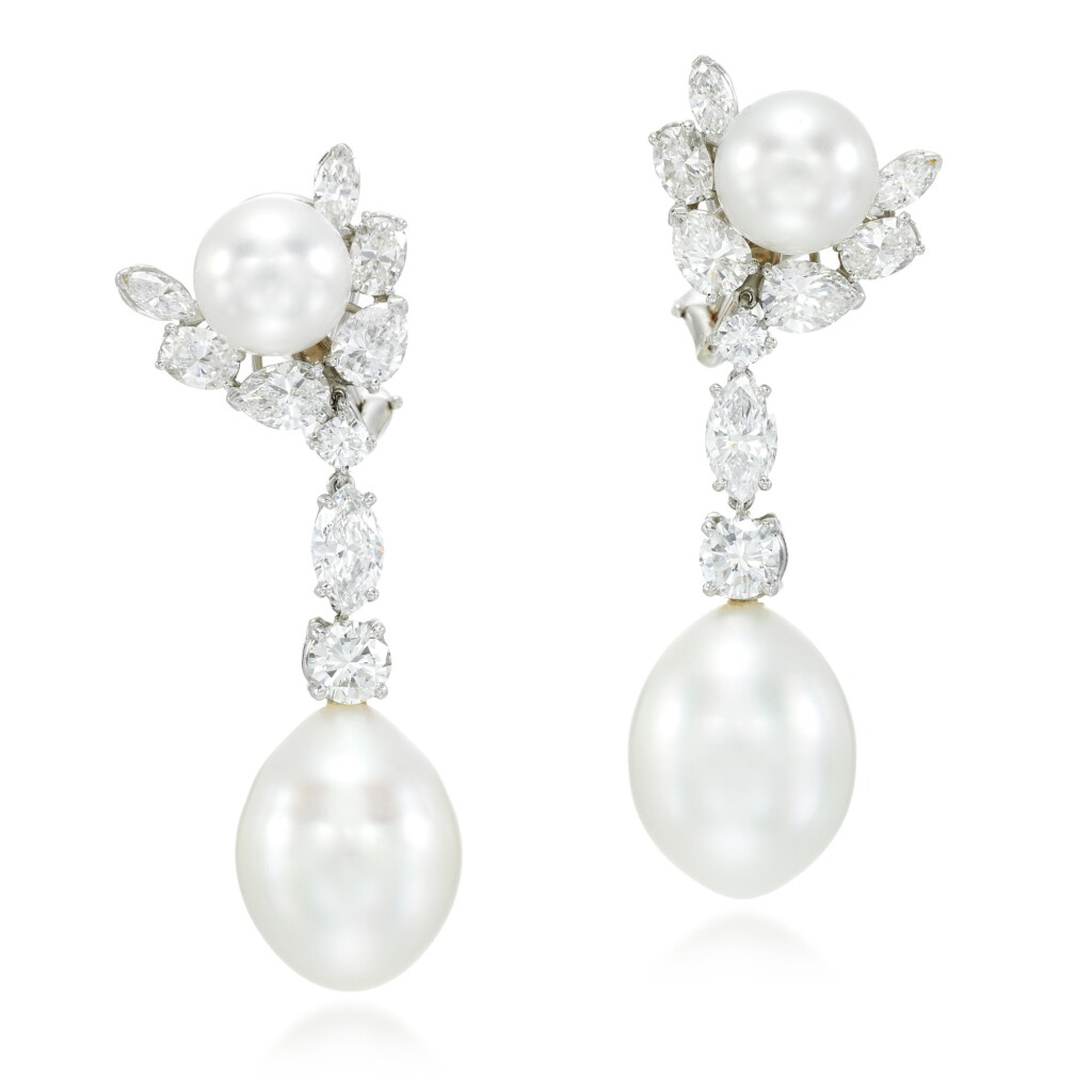 View full screen - View 1 of Lot 95. Pair of cultured pearl and diamond earrings.