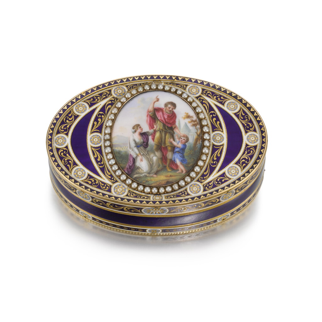 View full screen - View 1 of Lot 55. A rare pearl-set gold and enamel snuff box, James Morisset, London, circa 1795.
