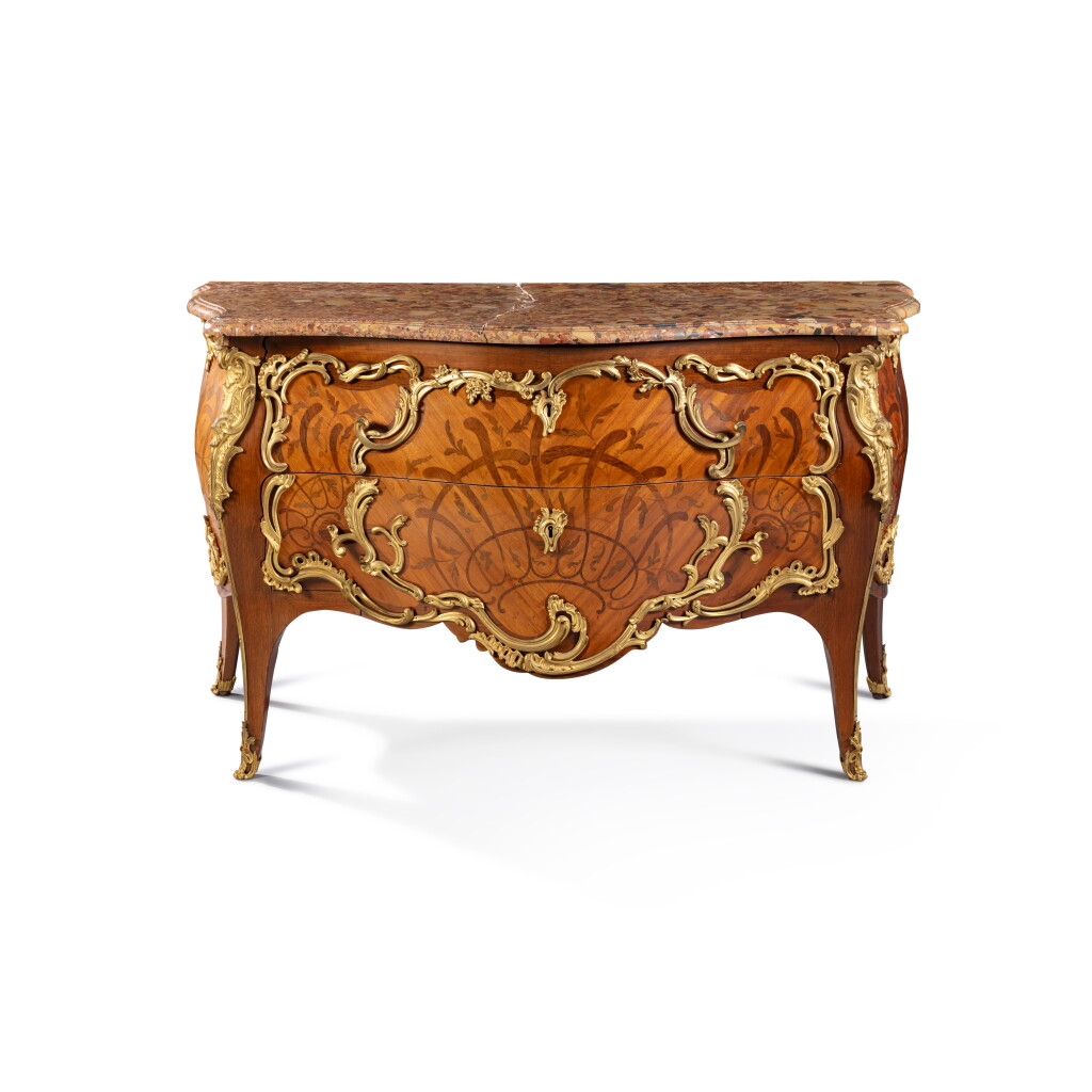 View full screen - View 1 of Lot 17. A Louis XV gilt-bronze mounted kingwood, amaranth and satiné marquetered commode, circa 1750, stamped by Jacques-Philippe Carel.