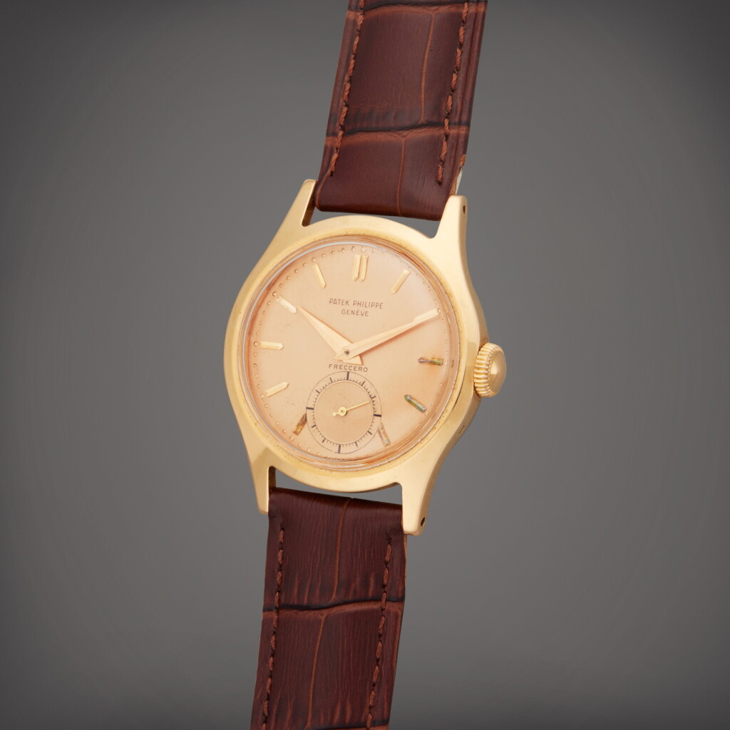 View full screen - View 1 of Lot 120. Reference 565 Calatrava | Retailed by Freccero: A pink gold wristwatch, Made in 1952 | 零售商為 Freccero:百達翡麗 型號 565 Calatrava 粉紅金腕錶,製作年份 1952.