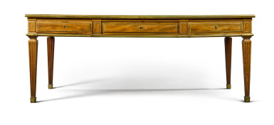 View full screen - View 1 of Lot 45. A Louis XVI gilt-bronze mounted mahogany bureau plat, stamped E. Levasseur JME, late 18th century.
