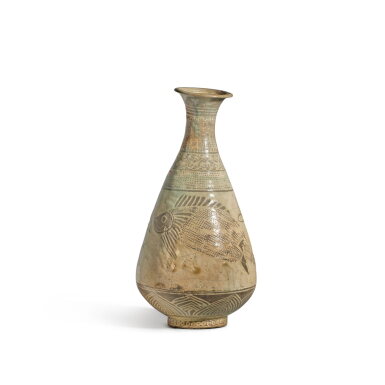 View full screen - View 1 of Lot 519. An incised and inlaid Buncheong 'fish' pear-shaped vase, Joseon dynasty, 15th / 16th century.