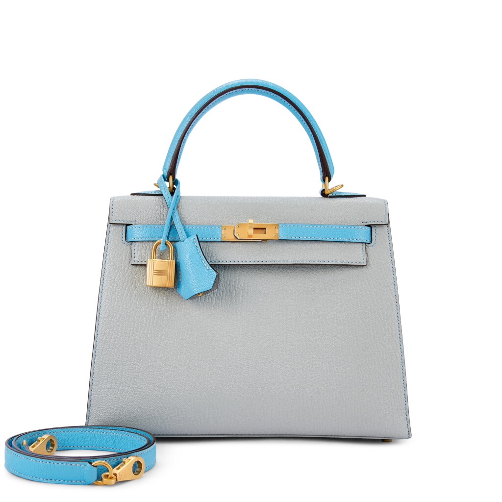 View full screen - View 1 of Lot 9671. Gris Perle and Bleu Celeste Chèvre HSS Kelly 25 Sellier Brushed Gold Hardware, 2021.