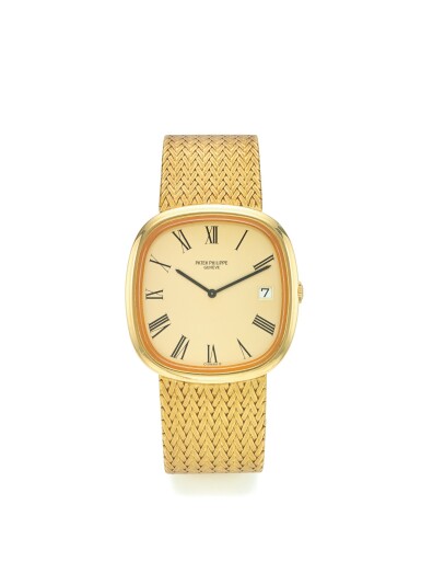 View full screen - View 1 of Lot 42. PATEK PHILIPPE | REF 3604-2, A YELLOW GOLD CUSHION FORM AUTOMATIC BRACELET WATCH WITH DATE MADE IN 1980.