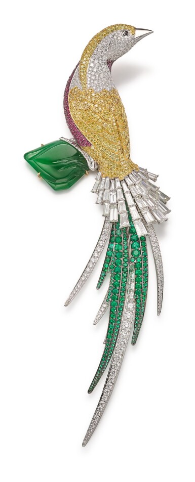 View full screen - View 1 of Lot 1434. TTF | 'THE PHOENIX' JADEITE, GEM SET AND DIAMOND CLIP BROOCH | TTF | ‘THE PHOENIX’ 天然翡翠 配 寶石 及 鑽石 別針.