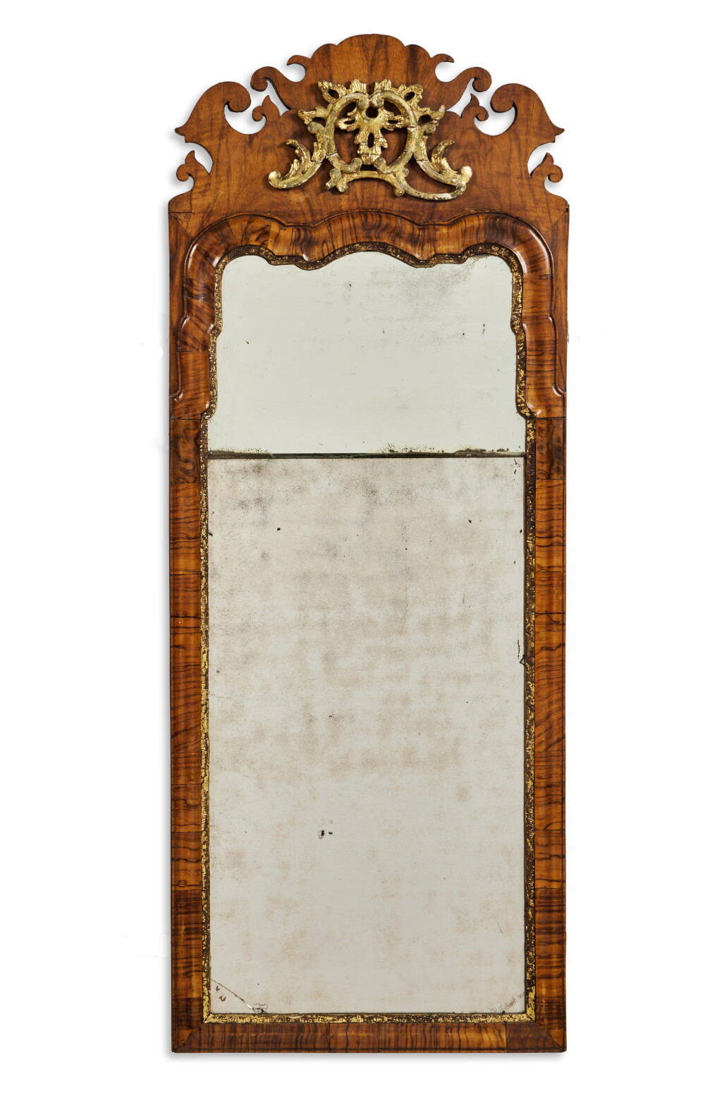 View full screen - View 1 of Lot 1045. George III Parcel Gilt and Figured Walnut Looking Glass, Circa 1745.
