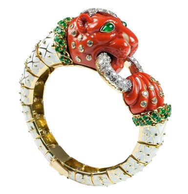 View full screen - View 1 of Lot 57. DAVID WEBB | CORAL, EMERALD, DIAMOND AND ENAMEL BANGLE-BRACELET.