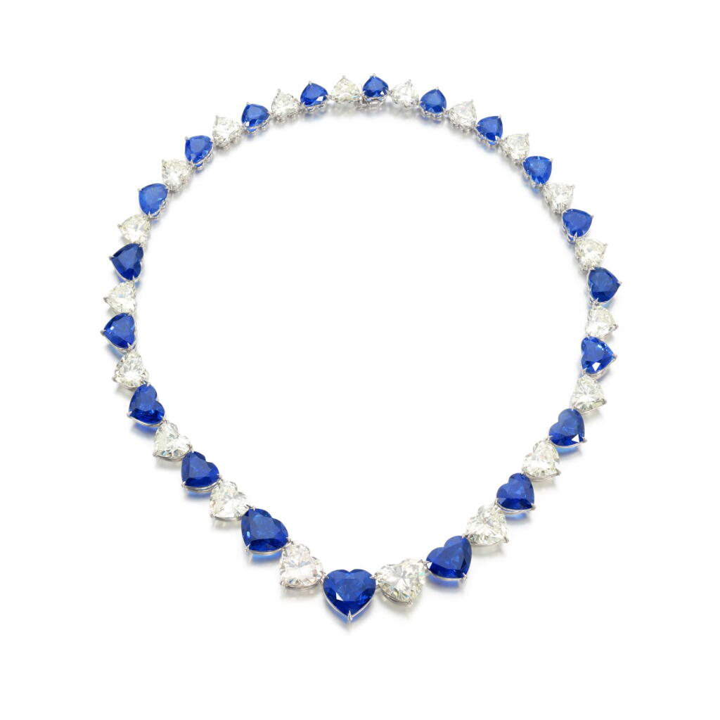 View full screen - View 1 of Lot 526. Sapphire and diamond rivière necklace.
