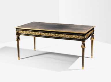 View full screen - View 1 of Lot 115. A Louis XV gilt-bronze mounted ebony and ebonized veneered desk, circa 1770, stamped Philipe-Claude Montigny.