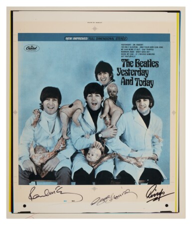View full screen - View 1 of Lot 19. The Beatles | Proof for the "butcher cover" art, signed by three Beatles.