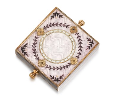 View full screen - View 1 of Lot 12. A Fabergé silver-gilt, gold and guilloché enamel eraser holder, Moscow, circa 1890.