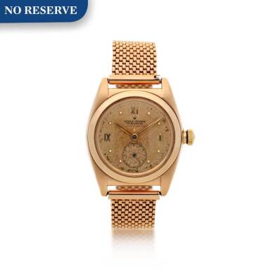 View full screen - View 1 of Lot 94. ROLEX | REFERENCE 3130 OYSTER PERPETUAL 'BUBBLEBACK' RETAILED BY CUERVO Y SOBRINOS: A PINK GOLD AUTOMATIC WRISTWATCH, CIRCA 1940.