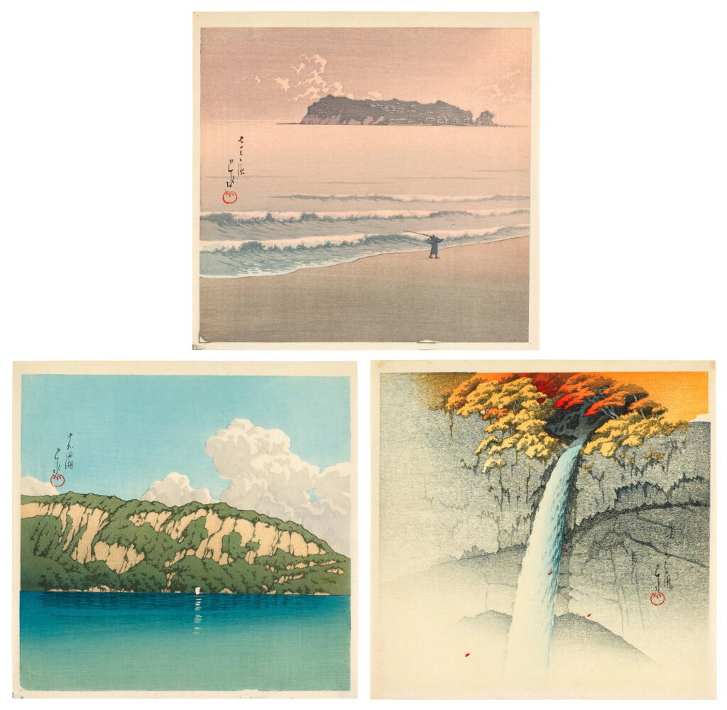 View full screen - View 1 of Lot 68. Kawase Hasui (1883-1957) | Three woodblock prints from the series Twelve Scenes of Famous Places (Meisho junikei) | Showa period, 20th century.